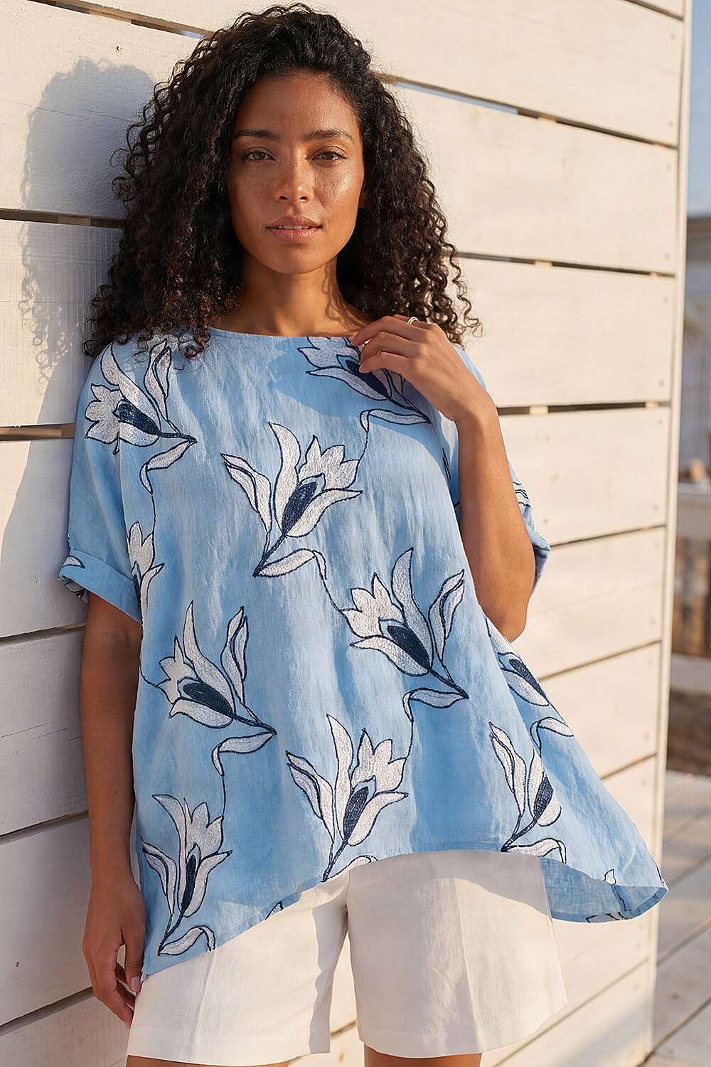 Light Blue Floral Embroidered Buttoned Back Top, Image 1 of 4
