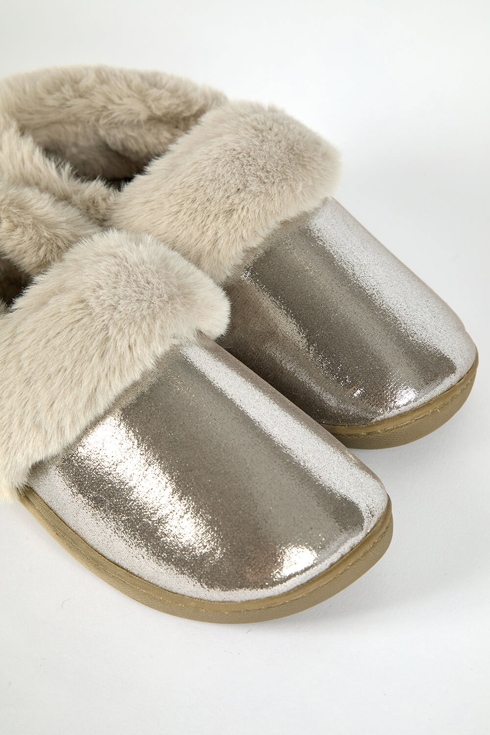 Silver Closed Metallic Faux Fur Slippers, Image 6 of 5