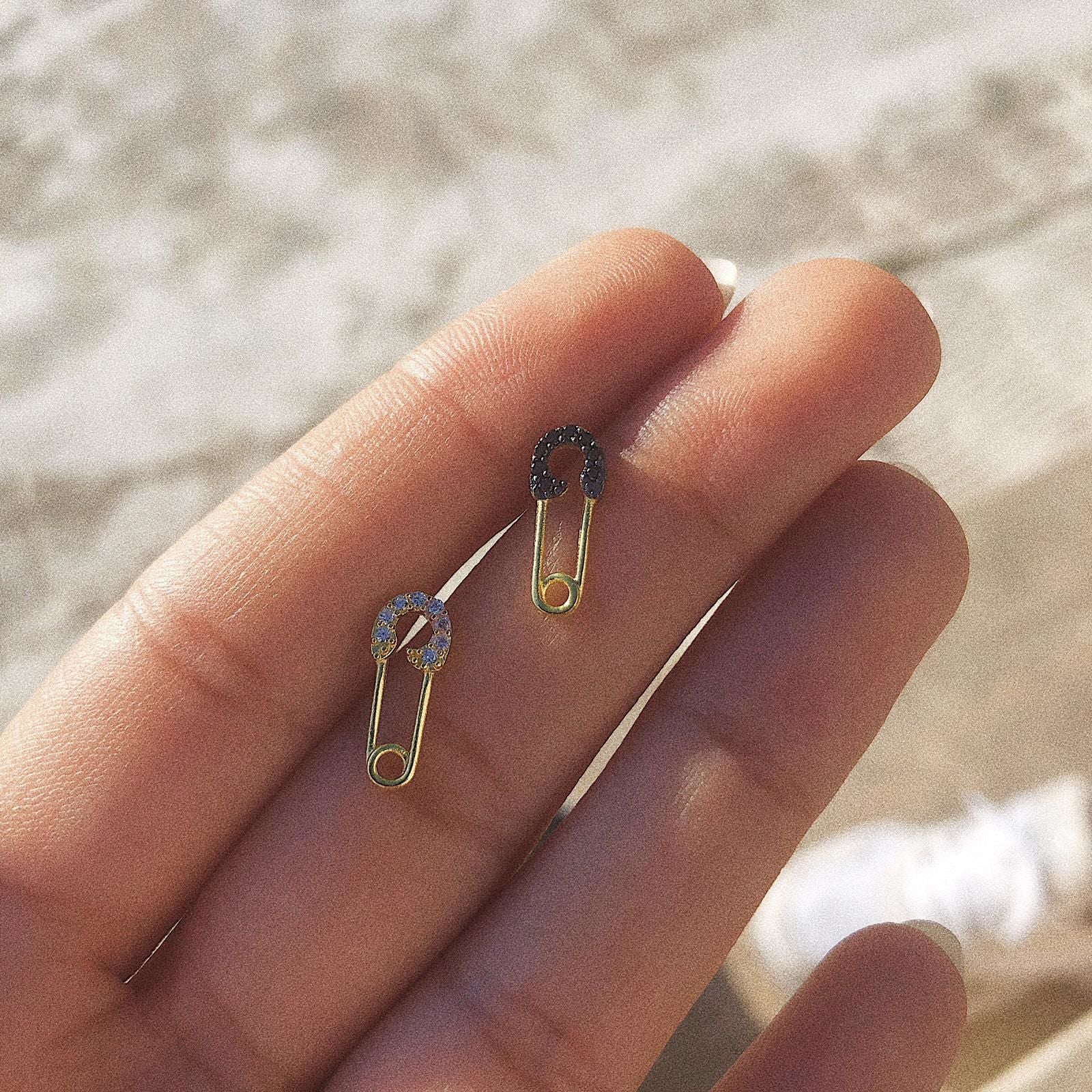 Rose Gold Sterling Silver Black Jewelled Mini Safety Pin Stud Earrings, Image 2 of 2