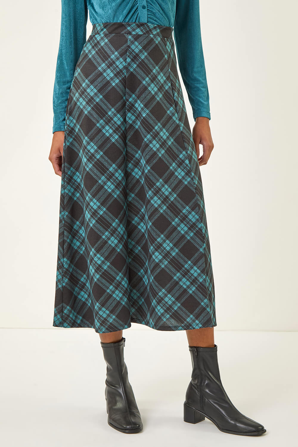 Teal Panelled Check Midi Skirt, Image 1 of 5
