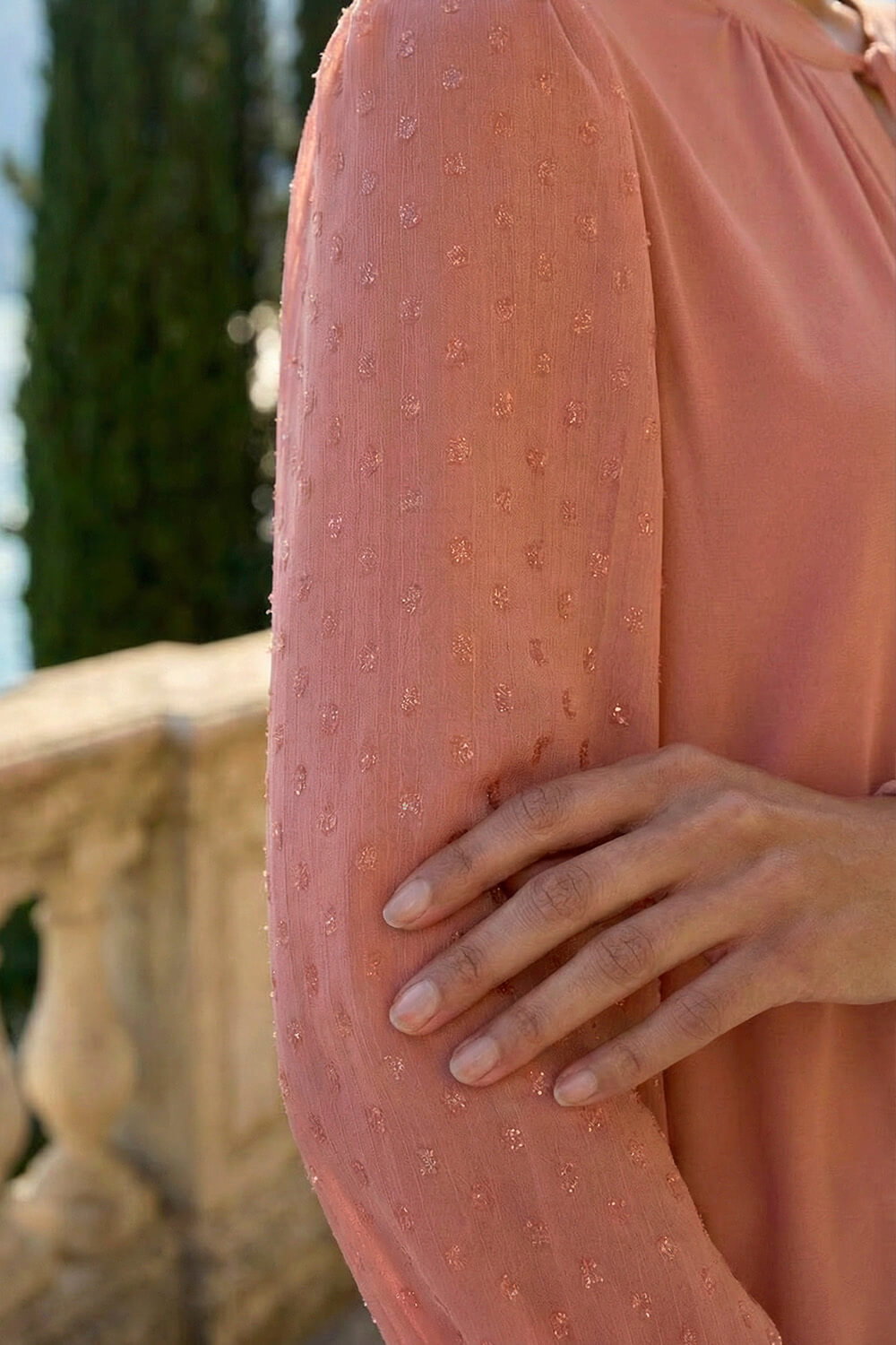Peach Tie Neck Shimmer Dobby Sleeve Top, Image 5 of 4