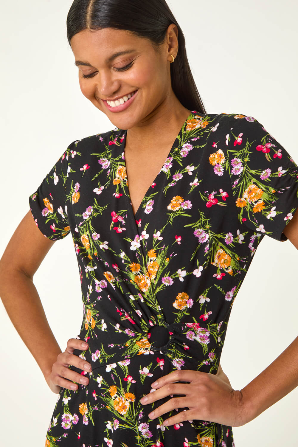 PINK Floral Stretch Ring Detail Midi Dress, Image 5 of 5
