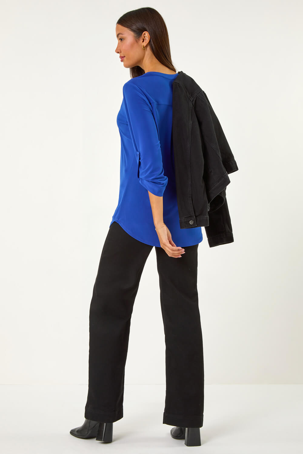 Royal Blue V-Neck Button Detail Stretch Shirt, Image 4 of 5