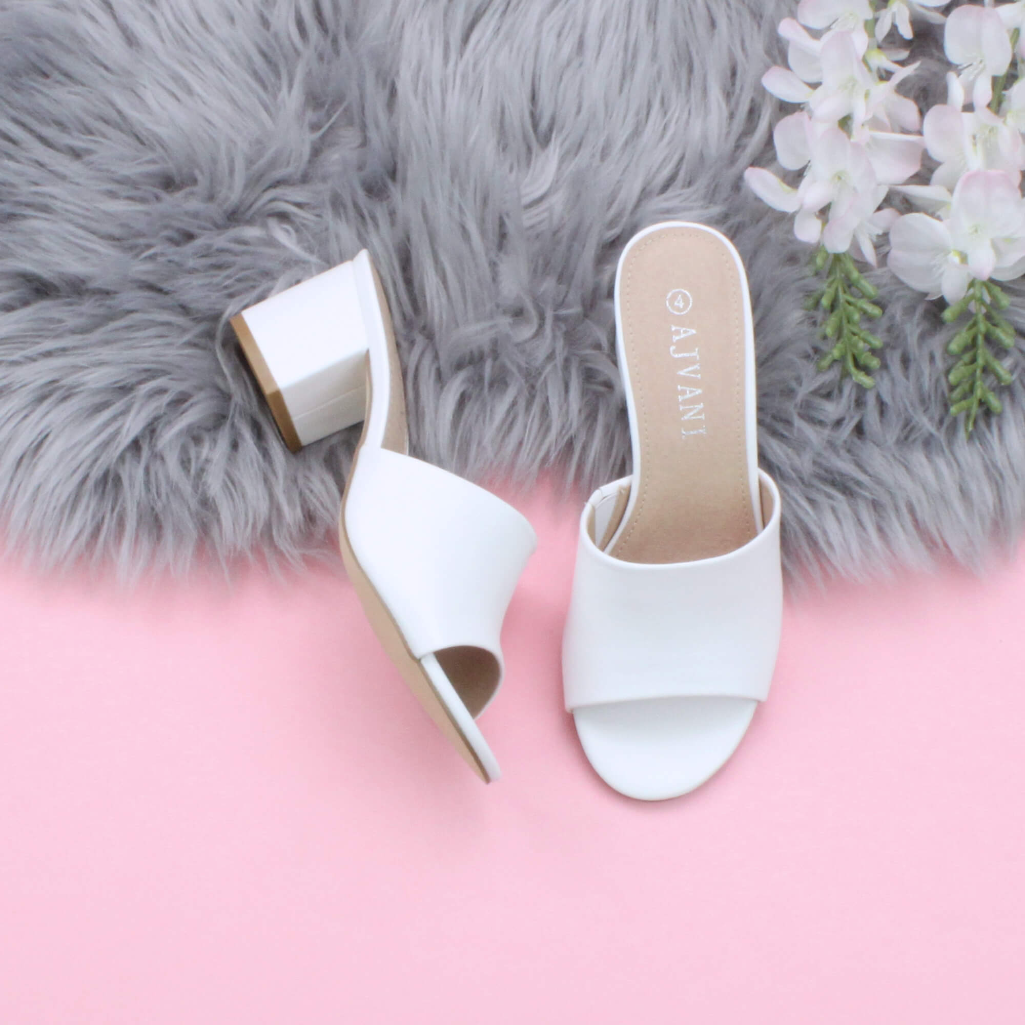 White AJVANI White Mid Block Heel Peep Toe Mules Sandals, Image 4 of 6