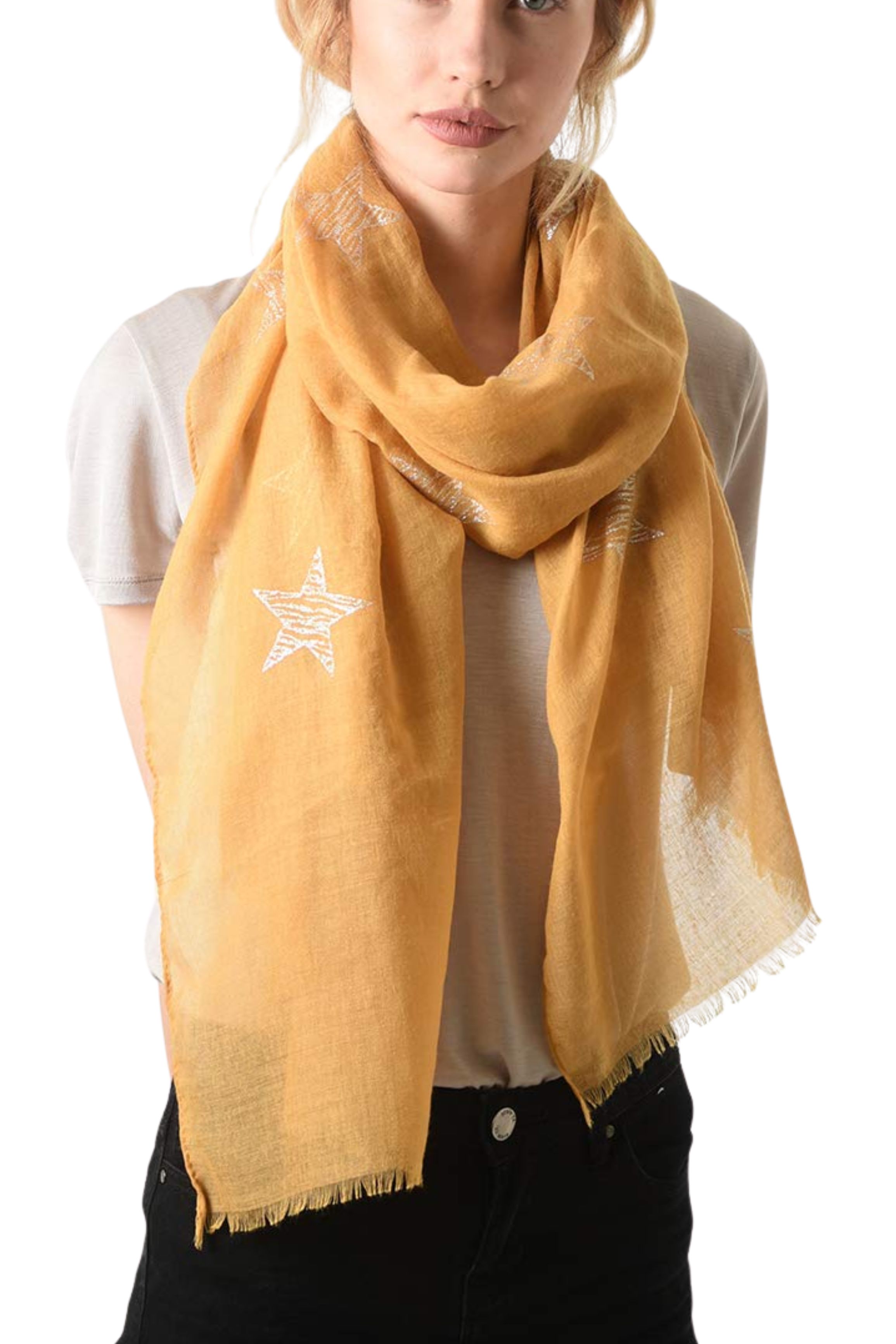 Mustard Silver Glitter Star Lightweight Scarf, Image 2 of 2