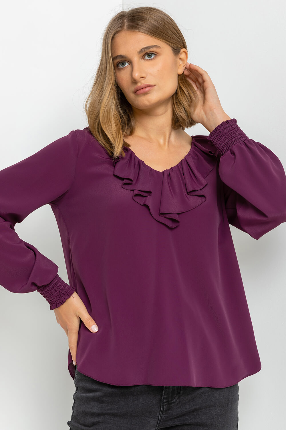 Aubergine Chiffon Frill Neck Detail Top, Image 1 of 4