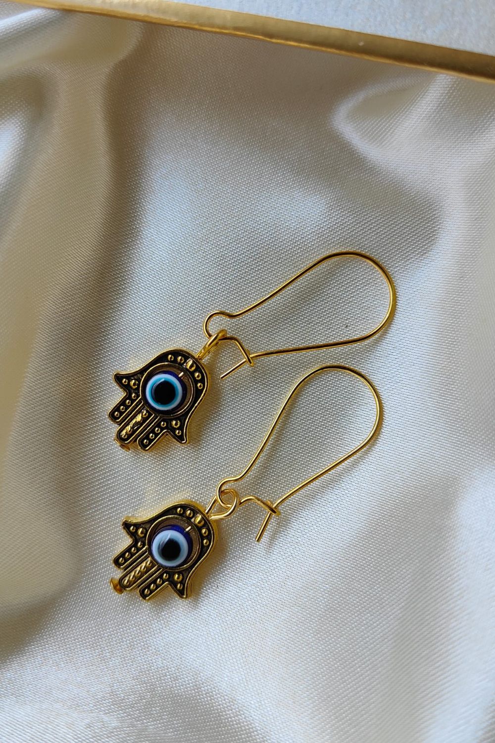 Gold Long Silver Evil Eye Hamsa Dangle Earrings, Image 1 of 5