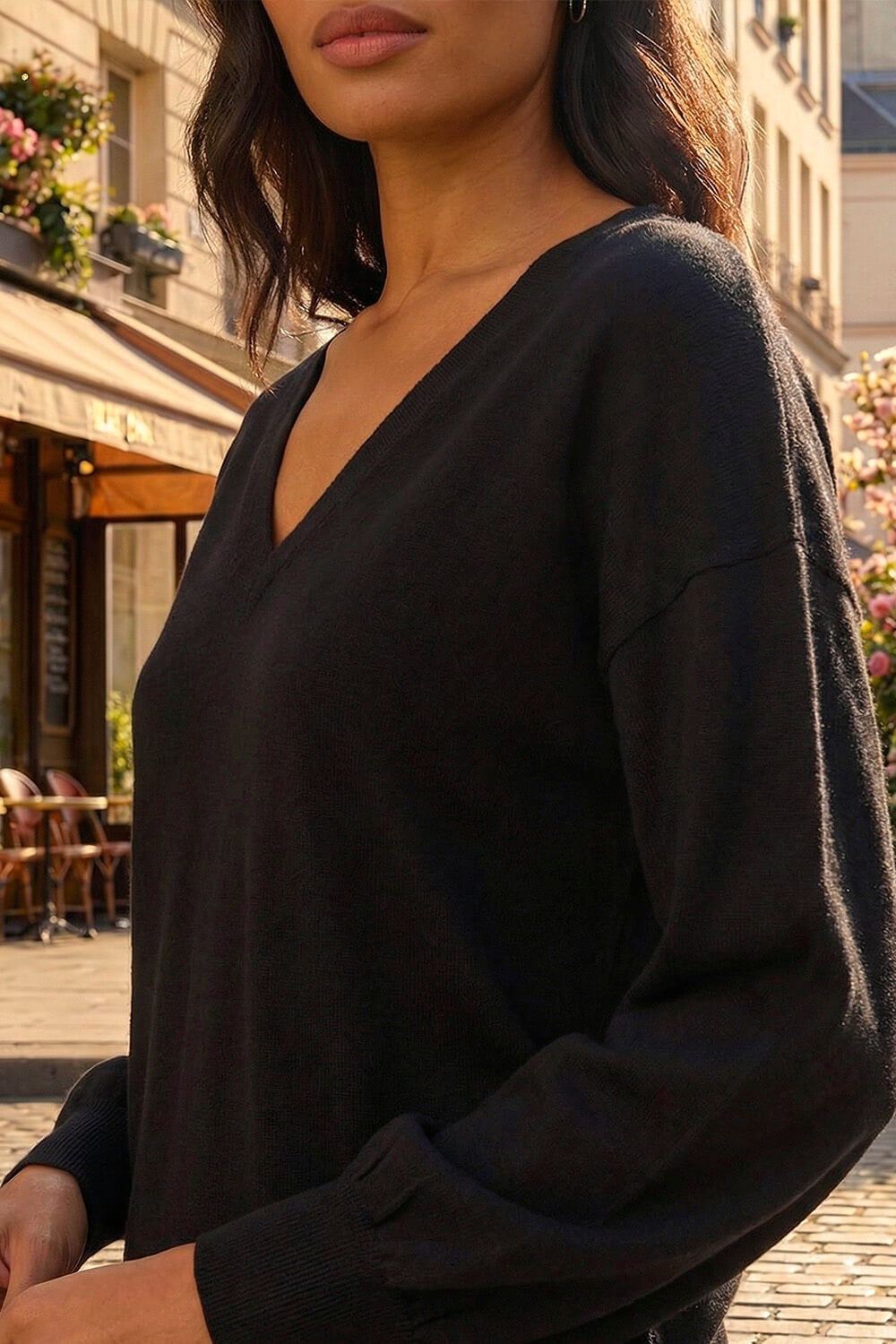 Black Plain Stretch V-Neck Longline Jumper, Image 5 of 4