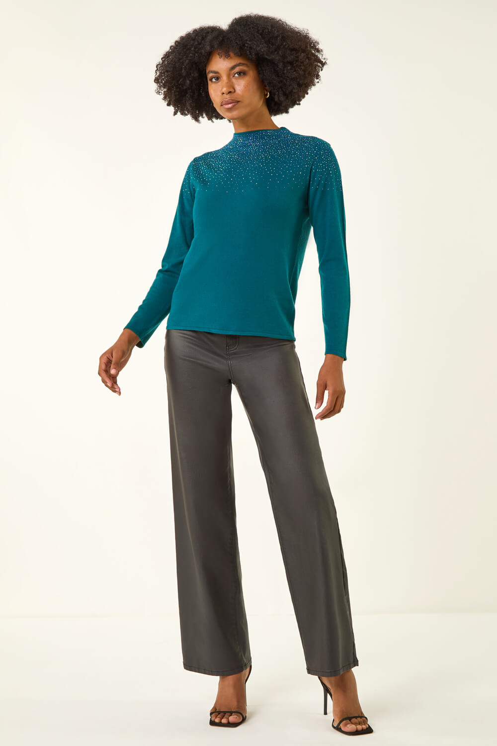 Dark Green Sparkly High Neck Knit Jumper, Image 3 of 5