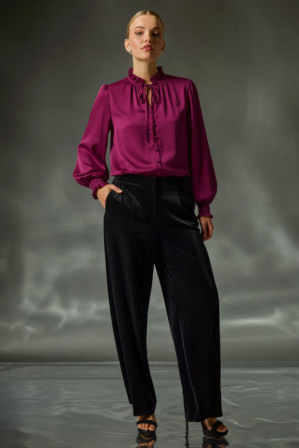 Plum Ruffle Front Tie Neck Blouse, Image 1 of 6