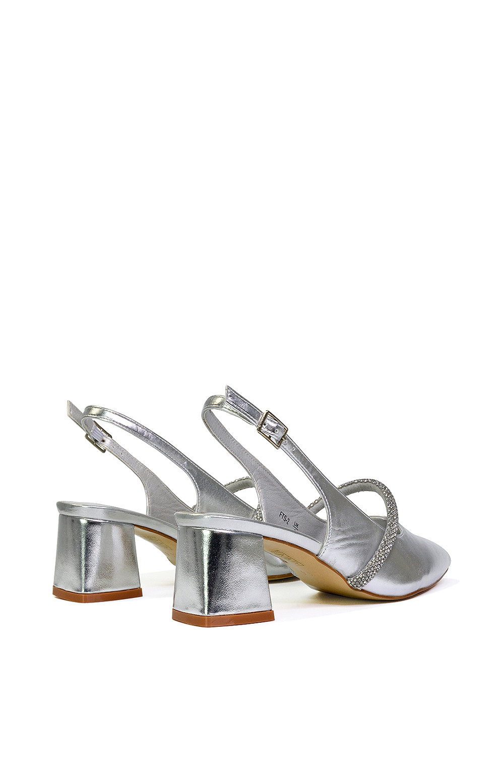 Silver XY LONDON Silver 'Sandie' Sling Back Strappy Pointed Toe Diamante Mid Block Heels, Image 3 of 4