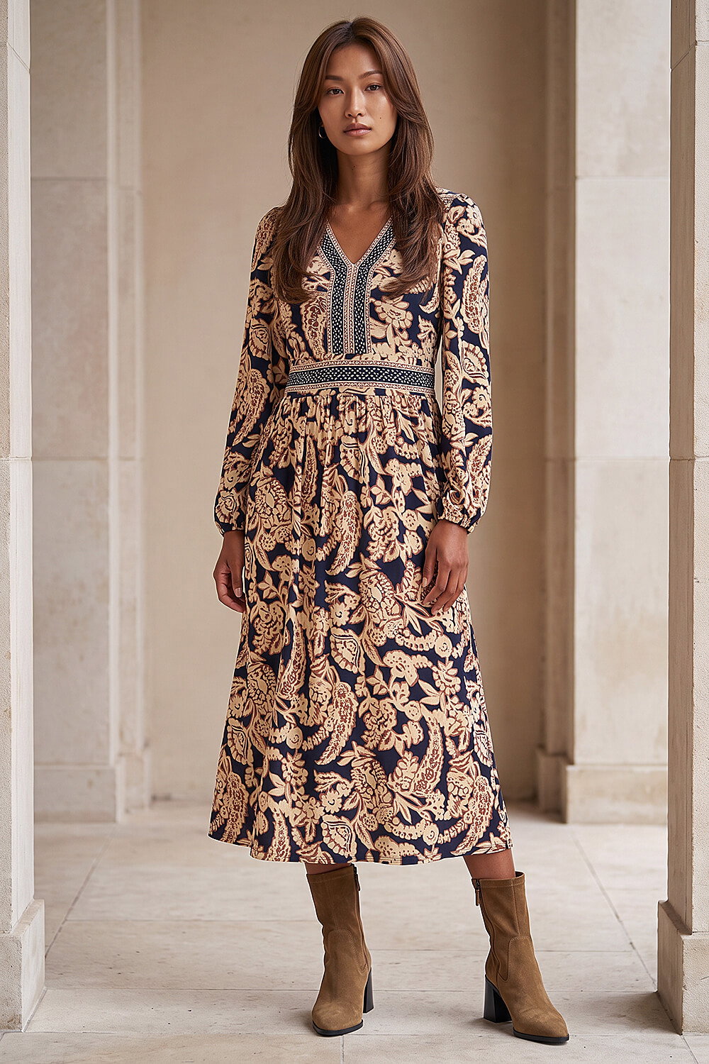 Roman  Tan Floral Border Print Midi Dress Size 10