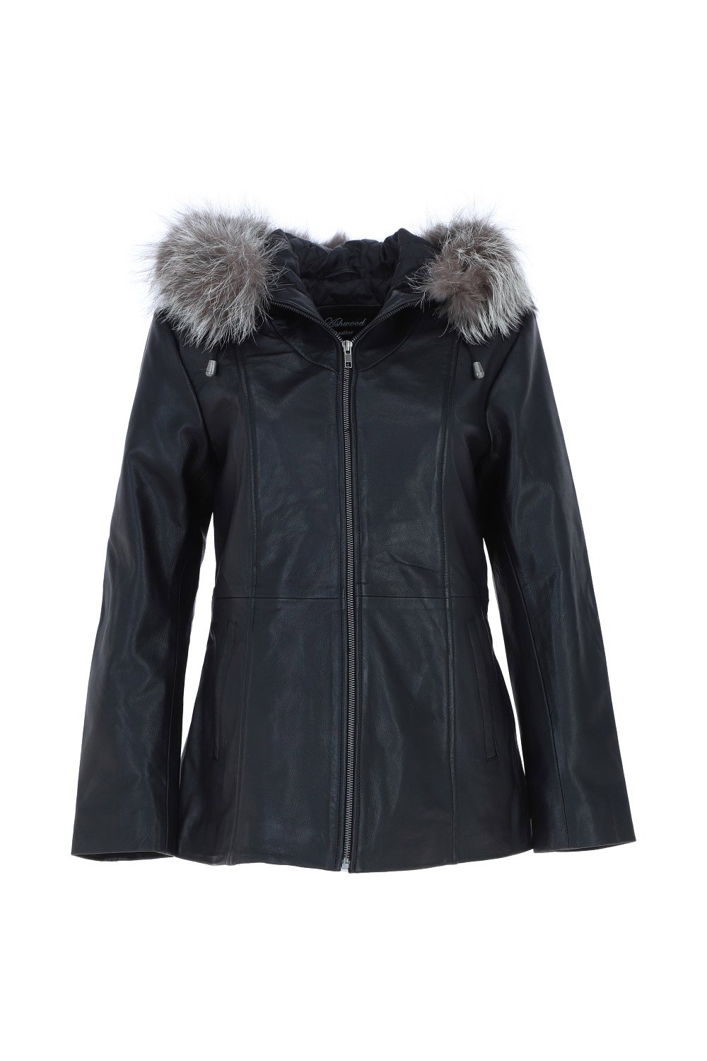 Black Real Leather Hooded Jacket with Fur, Image 2 of 5