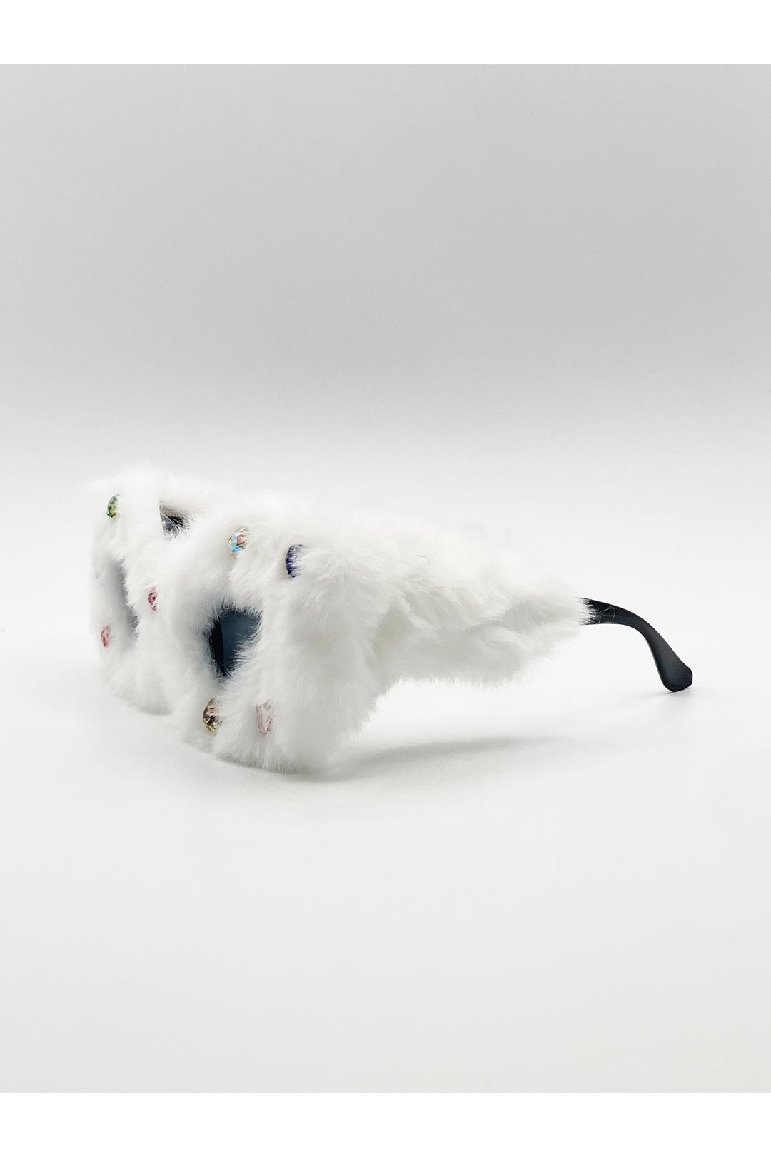 White Faux Fur Cateye Sunglasses with Multicoloured Gems, Image 3 of 6