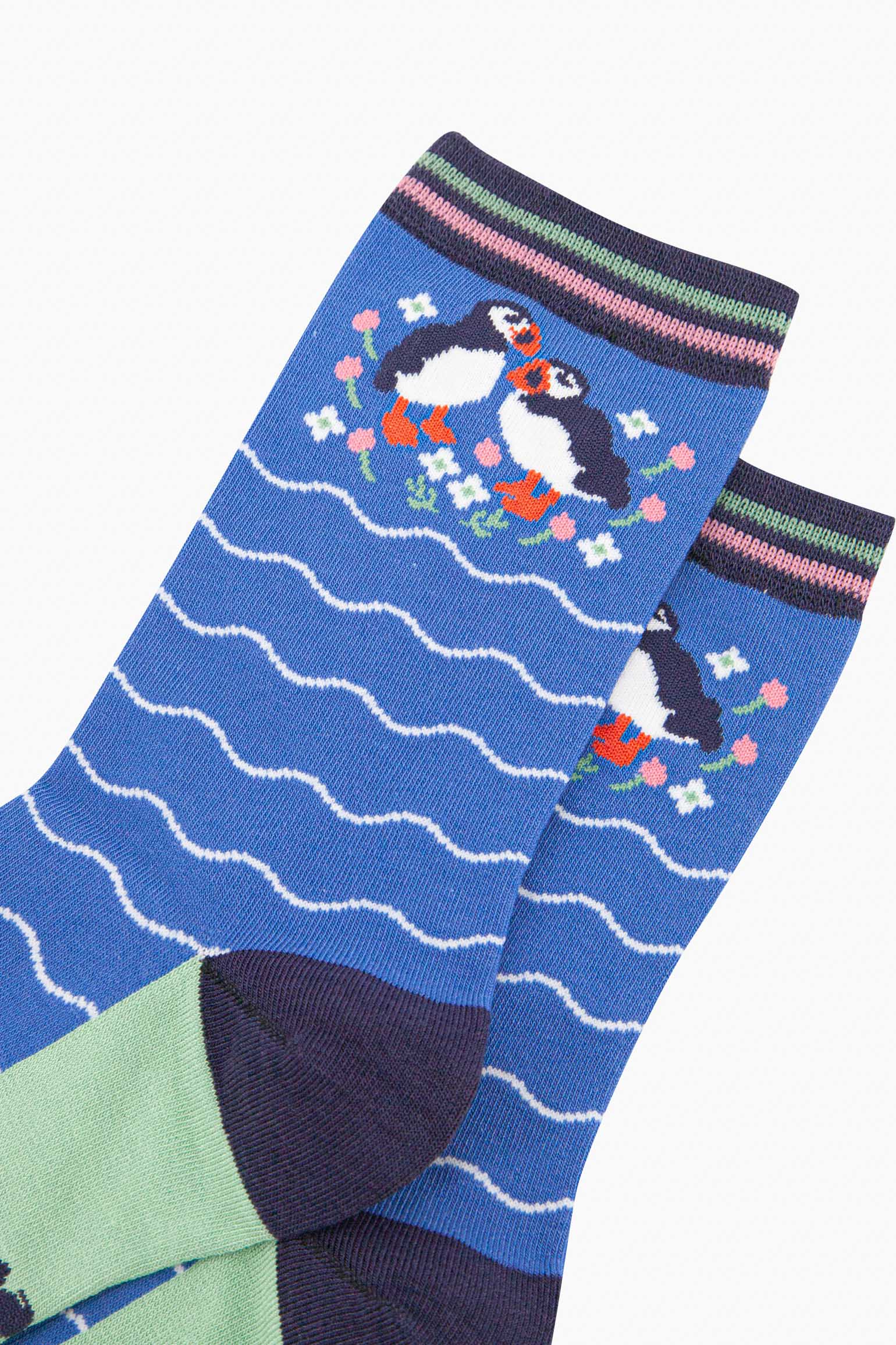 Blue Bamboo Socks - Blue, Puffins and Flowers, Image 3 of 4