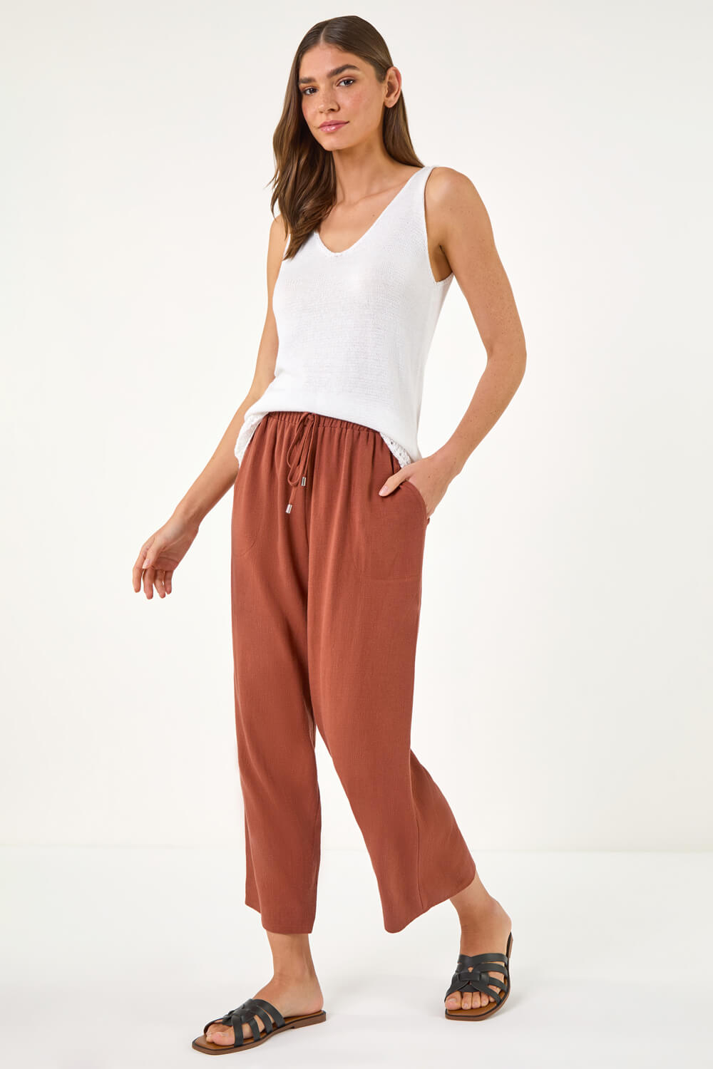 Rust Cropped Linen Blend Trouser, Image 3 of 5