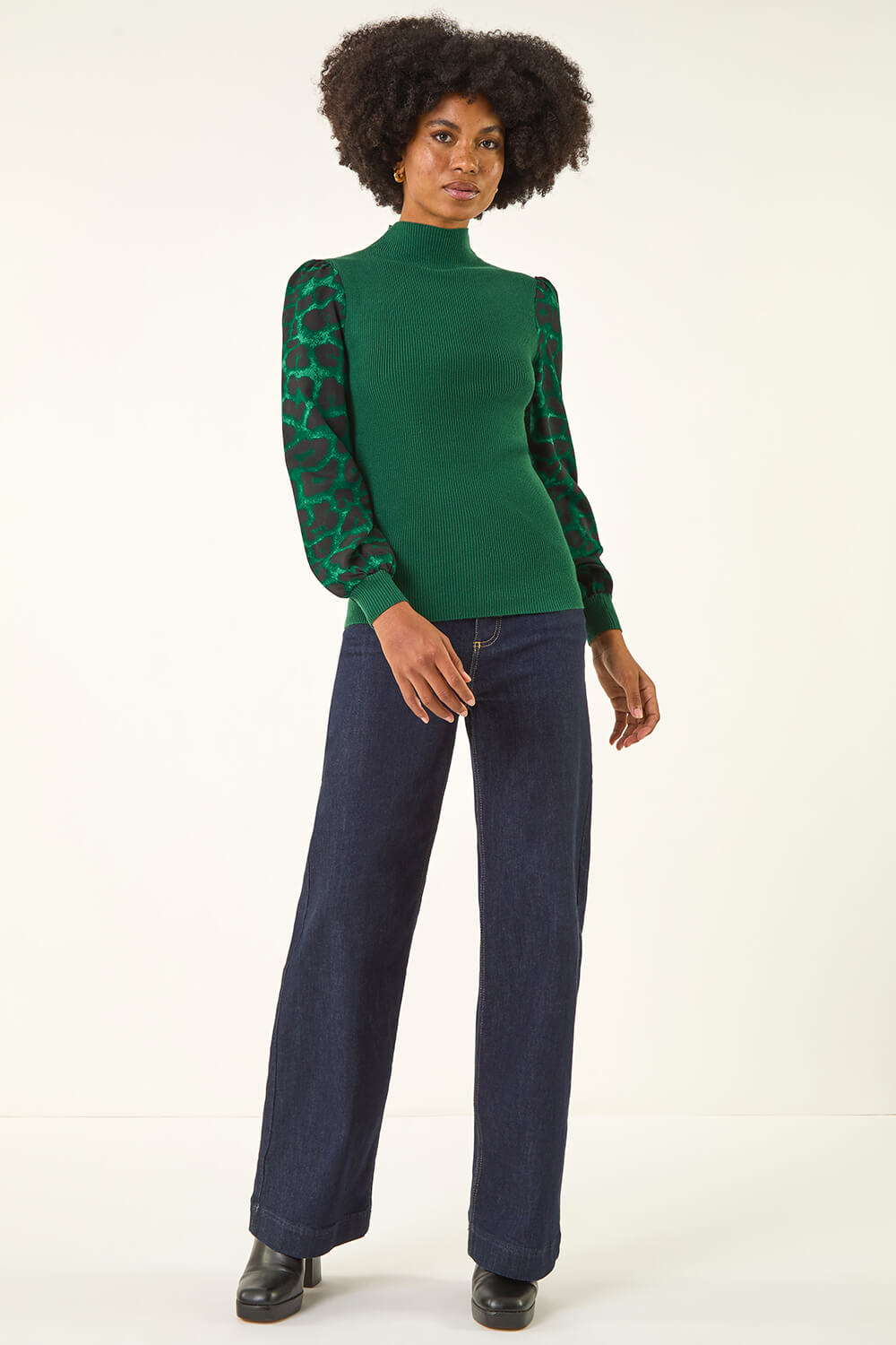 Green Animal Print Mesh Sleeve Knit, Image 3 of 5