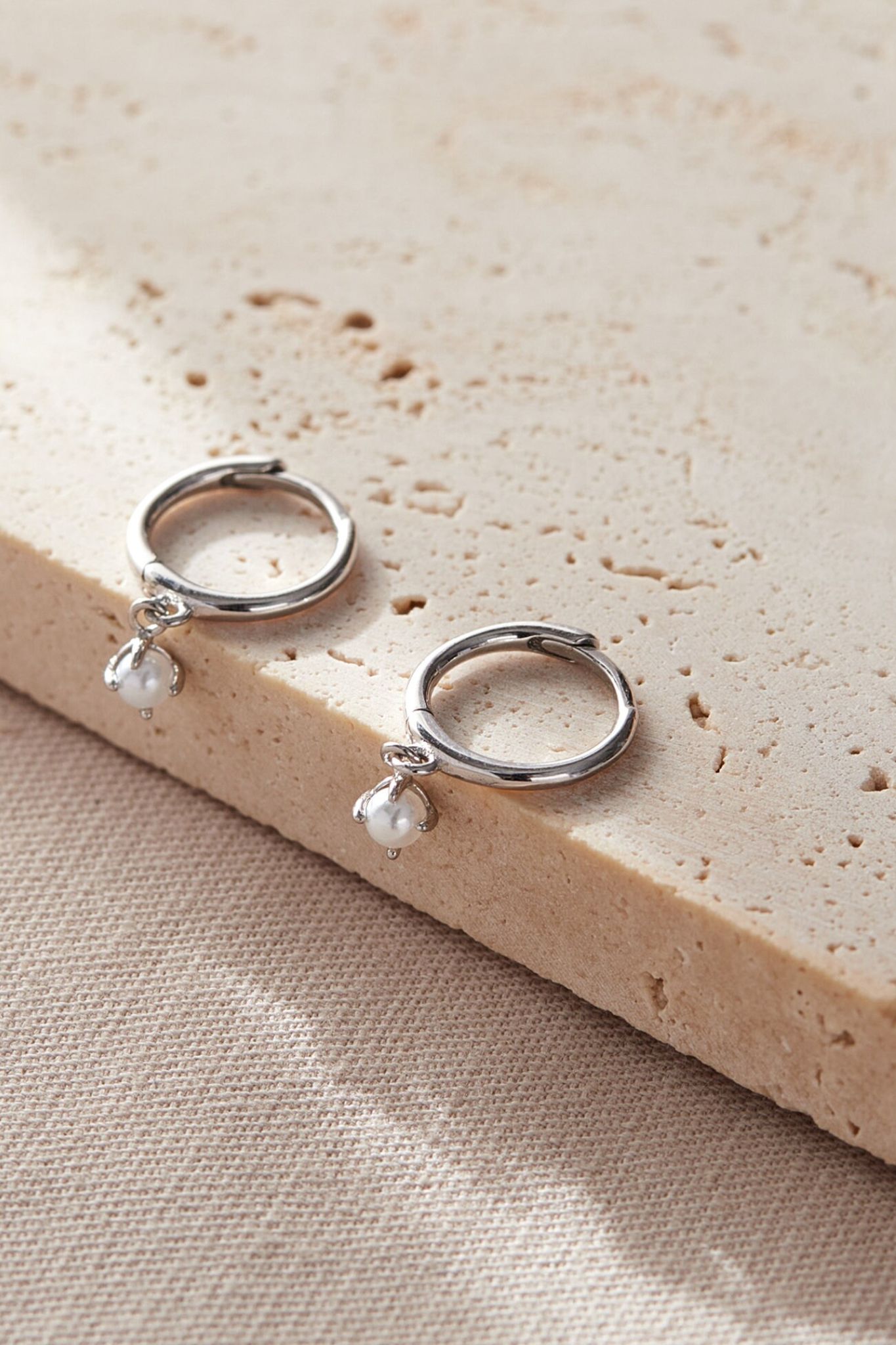 Silver Sterling Silver Pearl Drop Hoops, Image 3 of 3