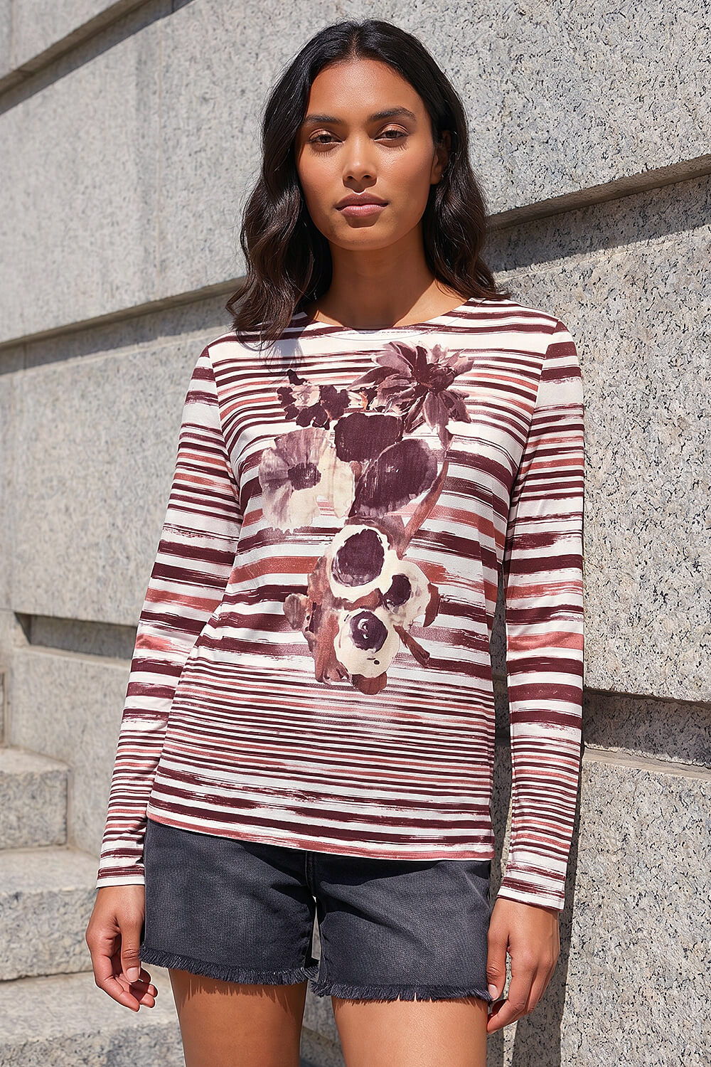Rust Floral Stripe Print Top, Image 1 of 4