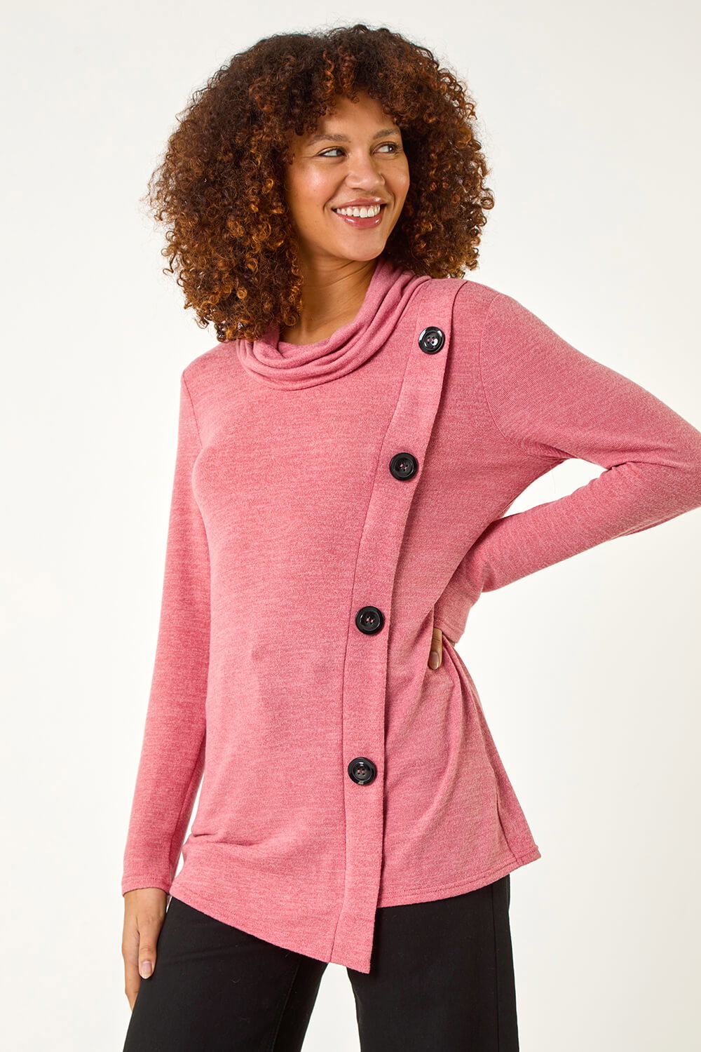Coral Cowl Neck Button Stretch Top, Image 5 of 5