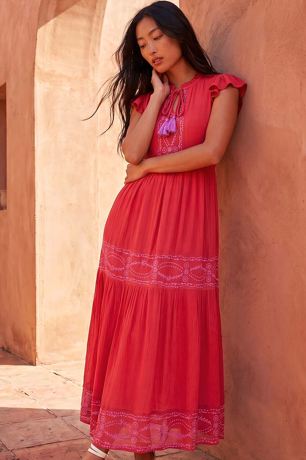 Red Petite Embroidered Tiered Midi Dress, Image 3 of 4