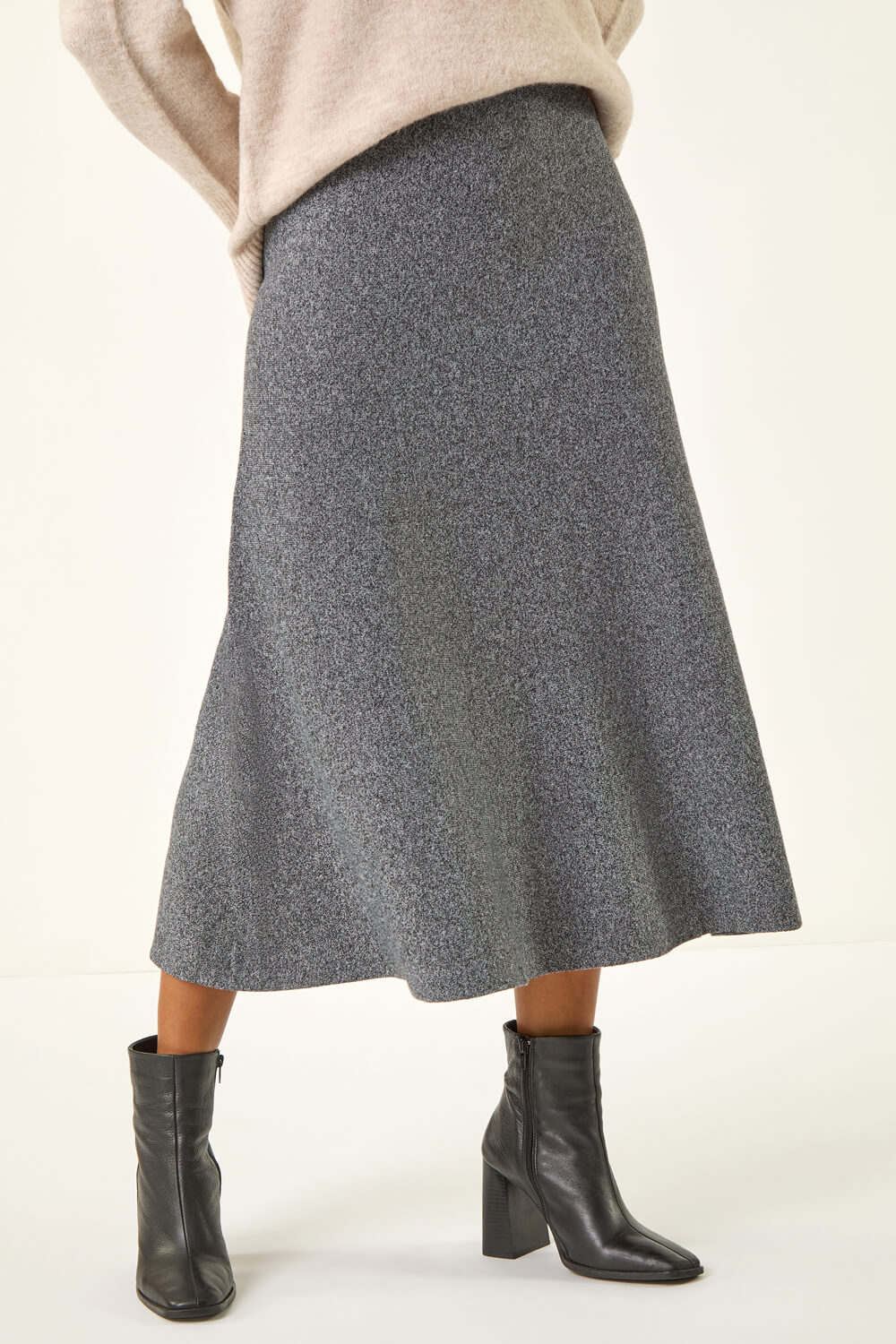 Grey Knitted Elastic Waist A Line Midi Skirt, Image 1 of 7
