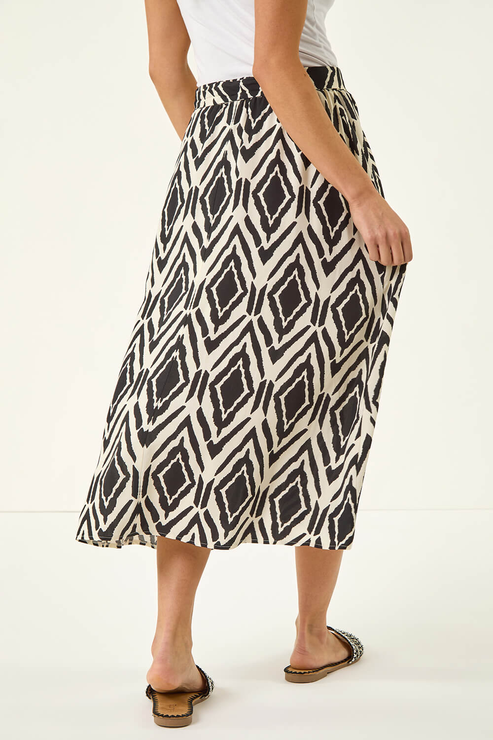 Black Petite Geo Print Tie Waist Midi Skirt, Image 4 of 5