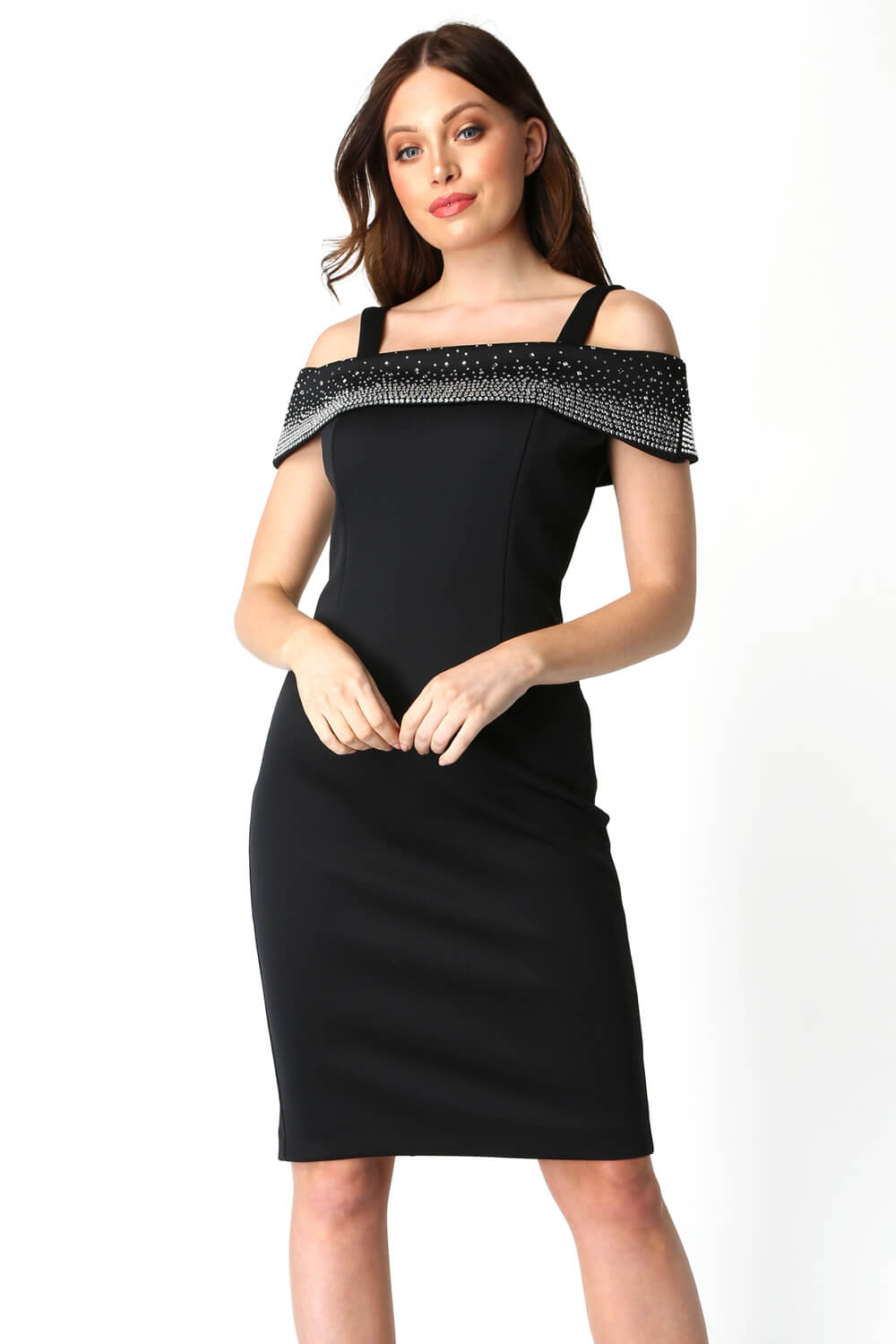 Black Hotfix Cold Shoulder Dress, Image 1 of 4