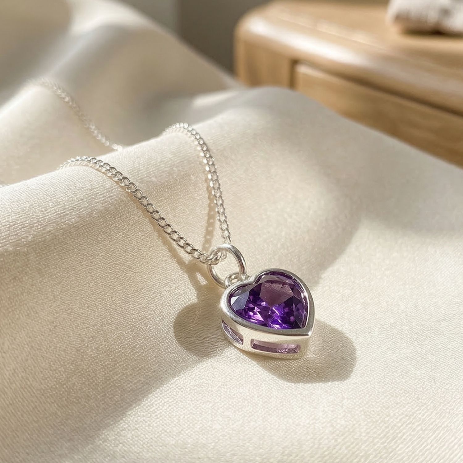 Purple Mini Heart Silver Amethyst February Birthstone Necklace