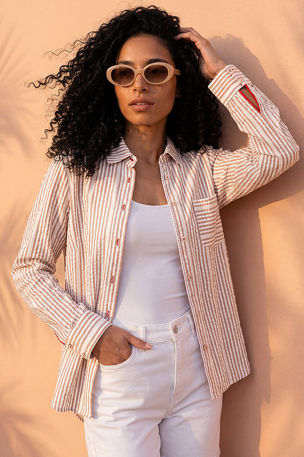 Camel Textured Stripe Collared Shirt, Image 1 of 4