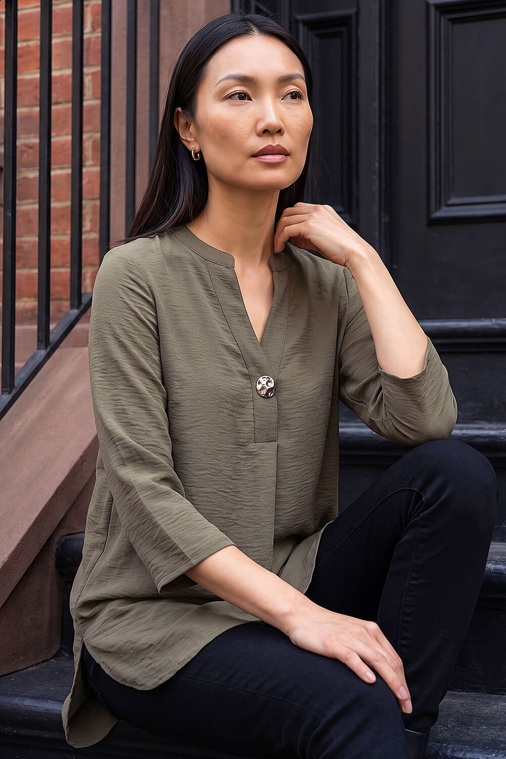 Roman Women's Khaki Button Detail Top Size 10