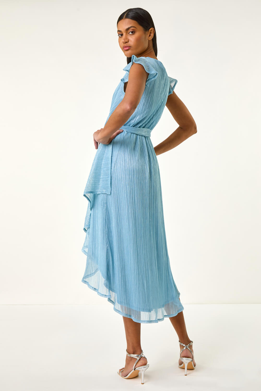 Blue Shimmer Plisse Wrap Dress, Image 4 of 5