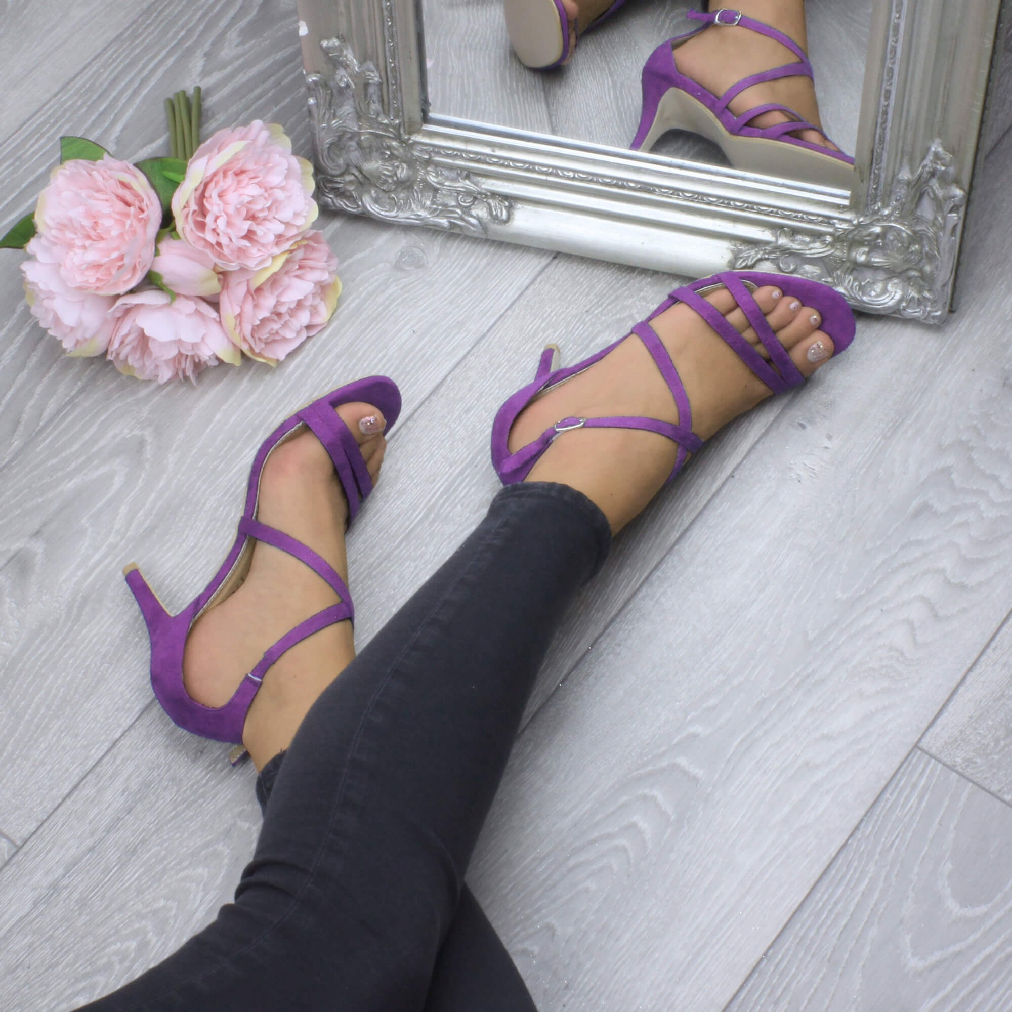 Purple AJVANI Purple High Heel Crossed Straps Buckle Strappy Sandals, Image 5 of 6