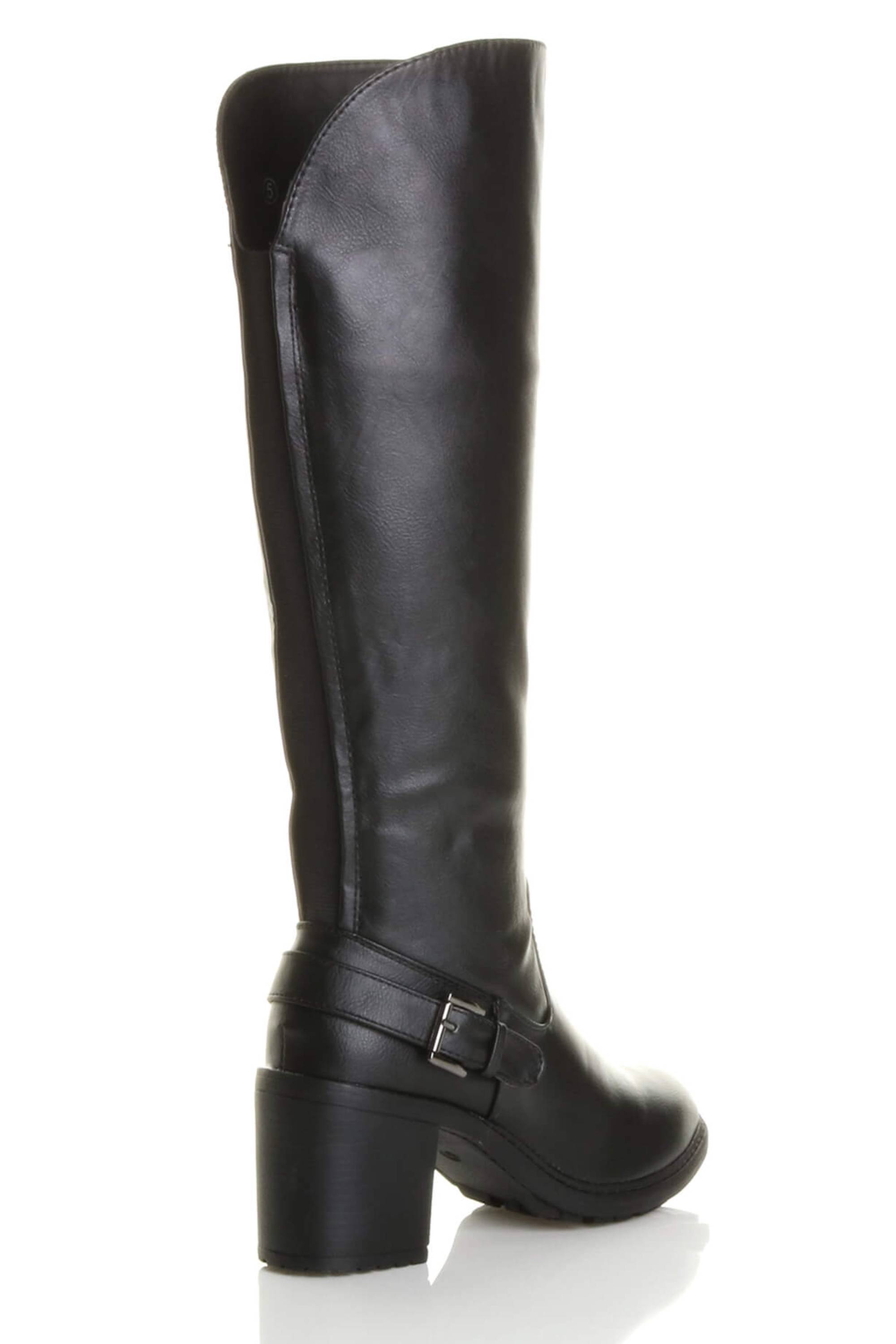 Black High Block Heel Chunky Biker Knee High Boots, Image 4 of 6