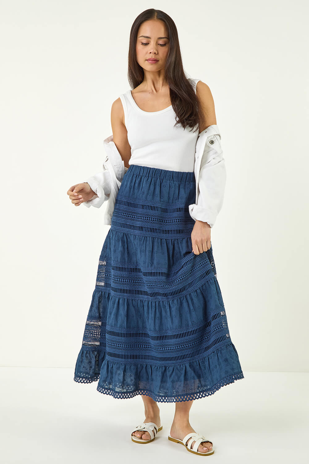 Navy Petite Lace Trim Maxi Skirt, Image 3 of 5