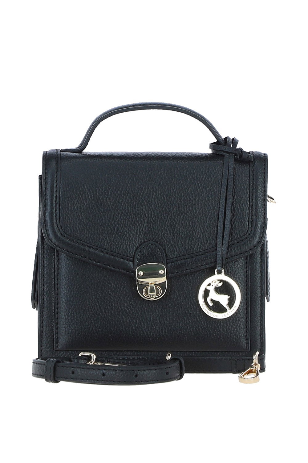 Black Ashwood Leather Black Compact Handbag With Detachable Crossbody Strap, Image 1 of 4