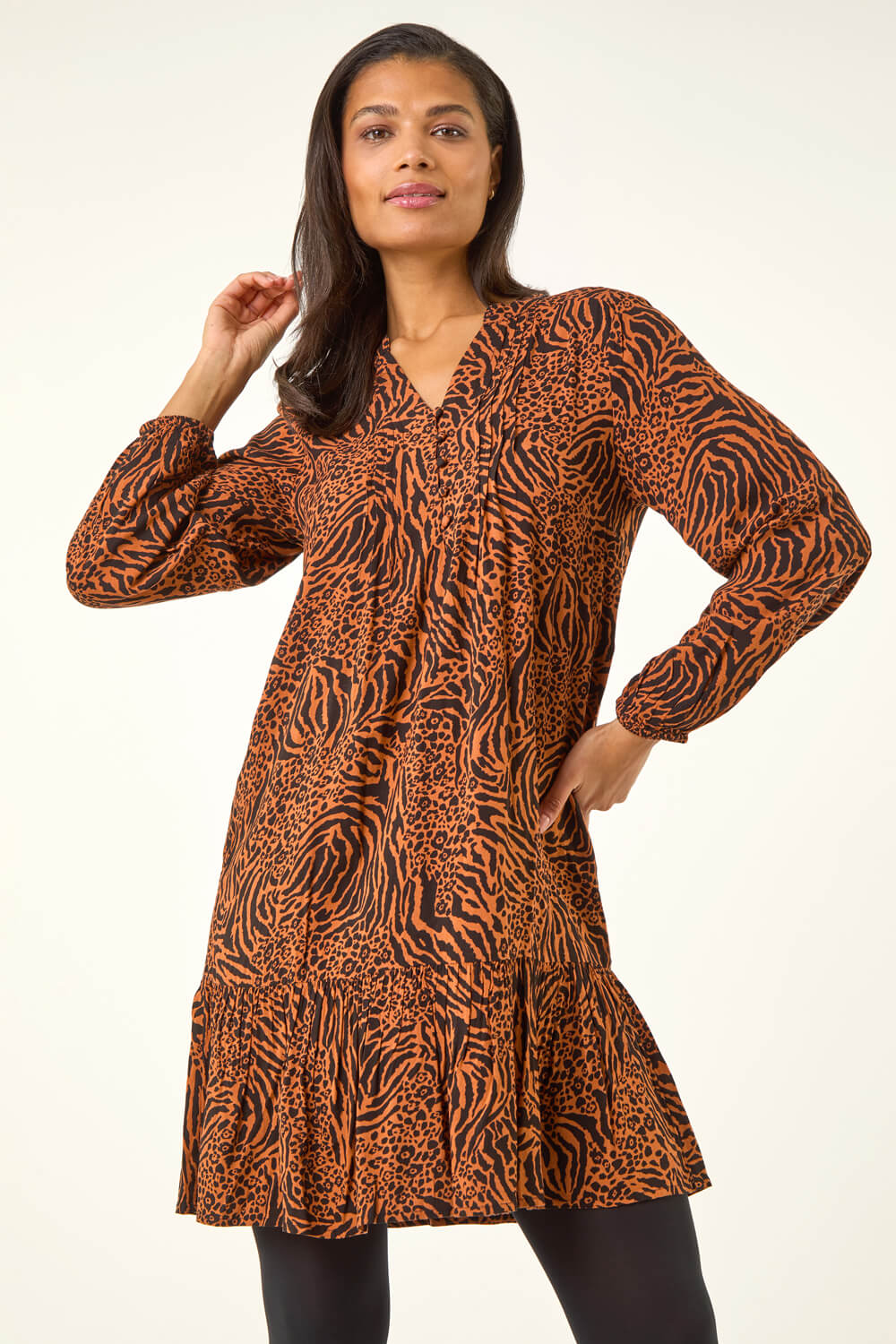 Rust Animal Print Pintuck Smock Dress, Image 5 of 5