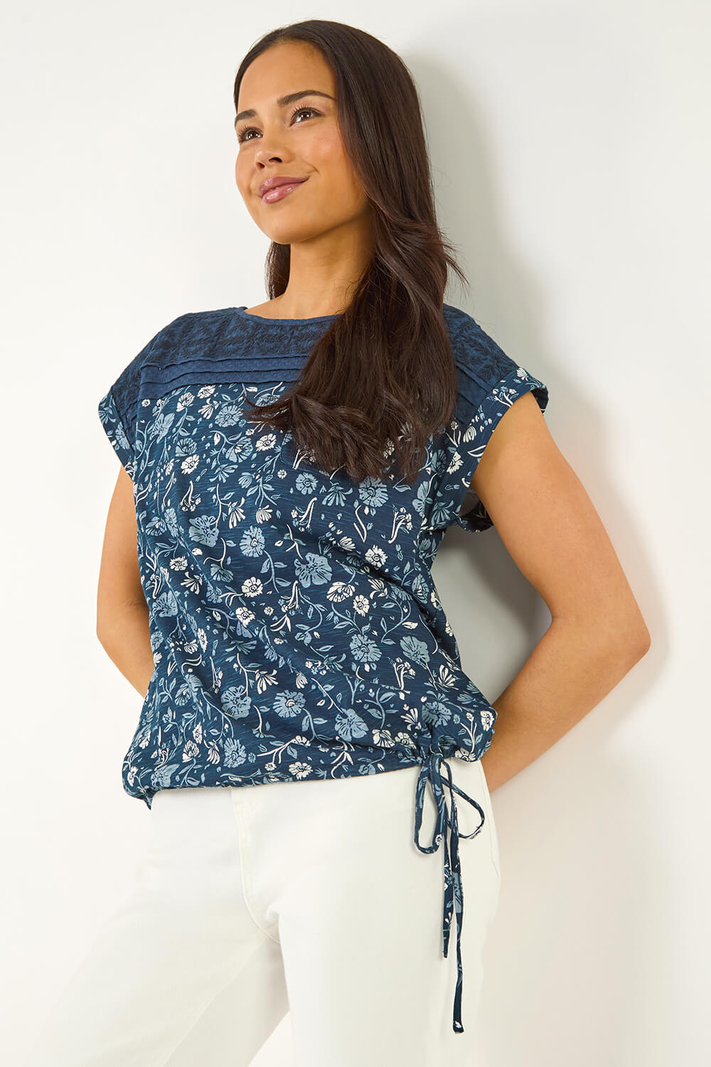 Navy  Petite Floral Embroidered Top , Image 1 of 5