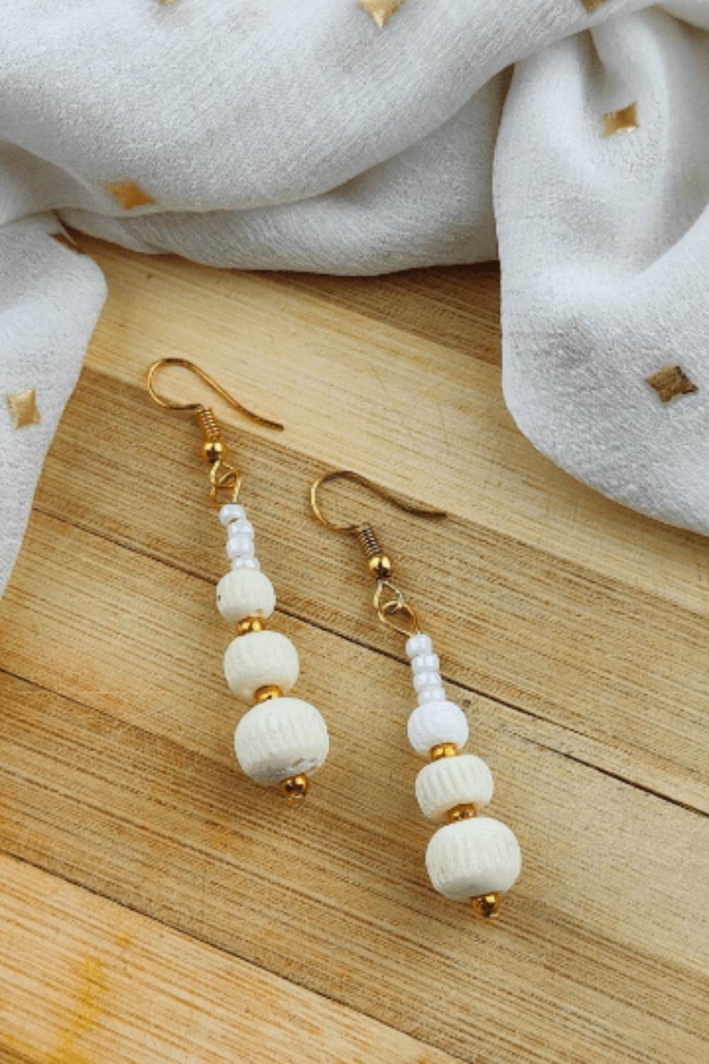 Gold The Colourful Aura Gold Three Beads Shell Lightweight Minimalist White Drop Hook Earring, Image 2 of 2