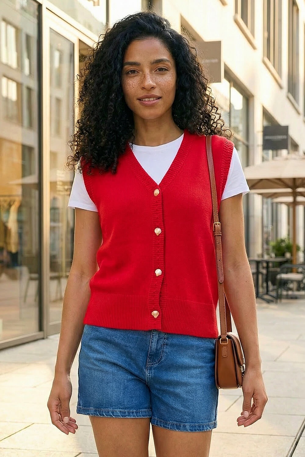 Red Shell Button Front Knit Vest, Image 3 of 4