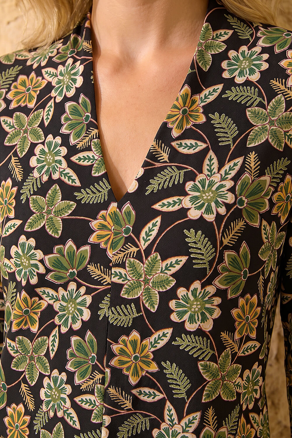 Green Floral Print V-Neck Top, Image 5 of 4
