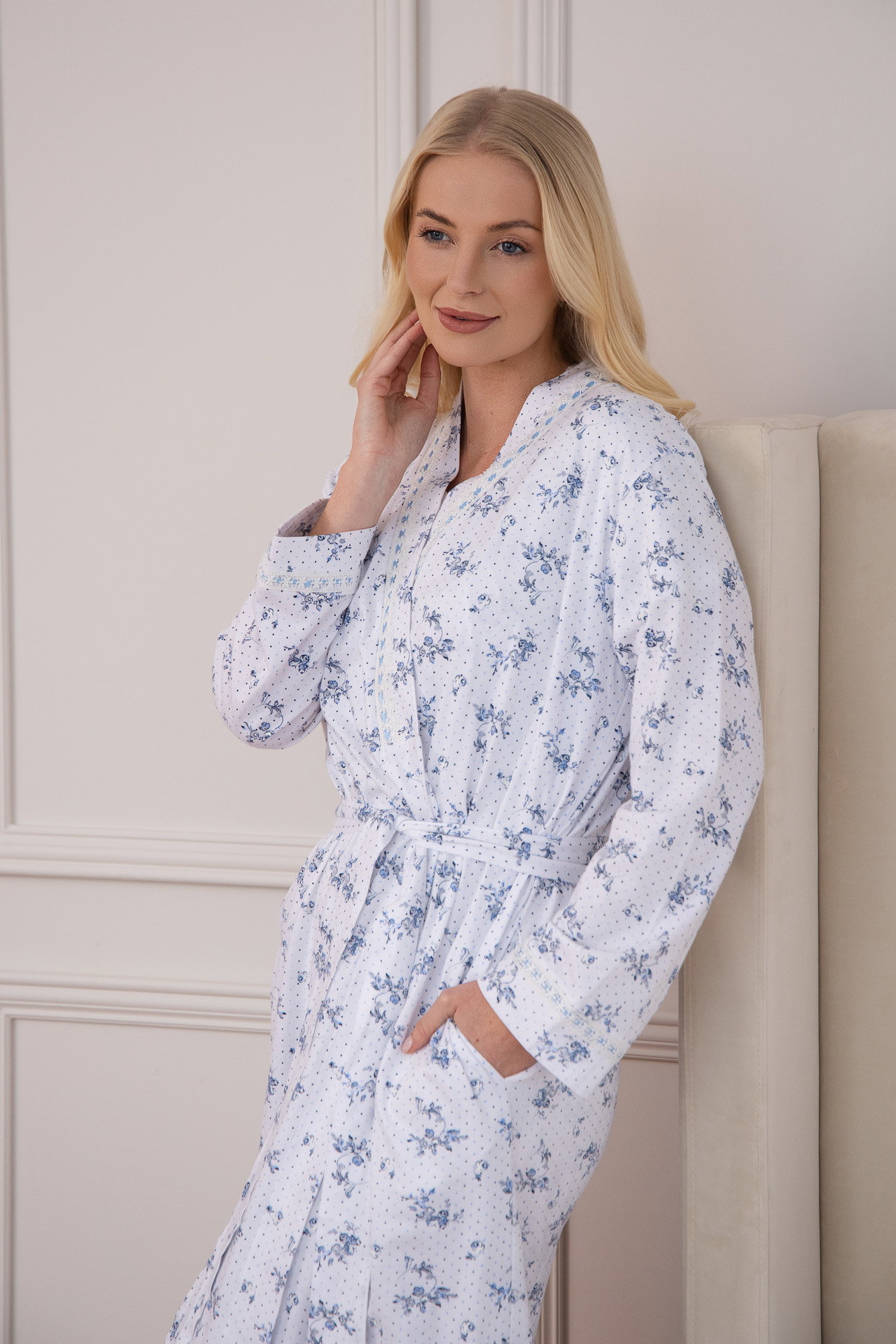 Navy Camille Lingerie Navy 100% Cotton Lightweight Porcelain Floral Wrap, Image 3 of 7