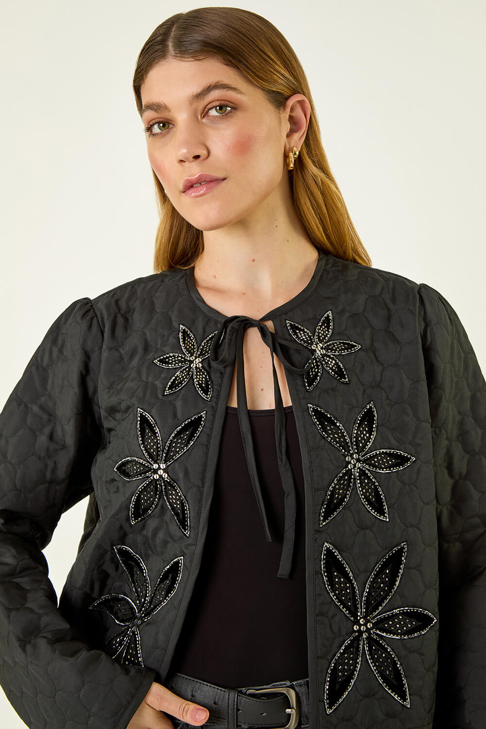 Black Quilted Velvet Trim Jacket, Image 6 of 7