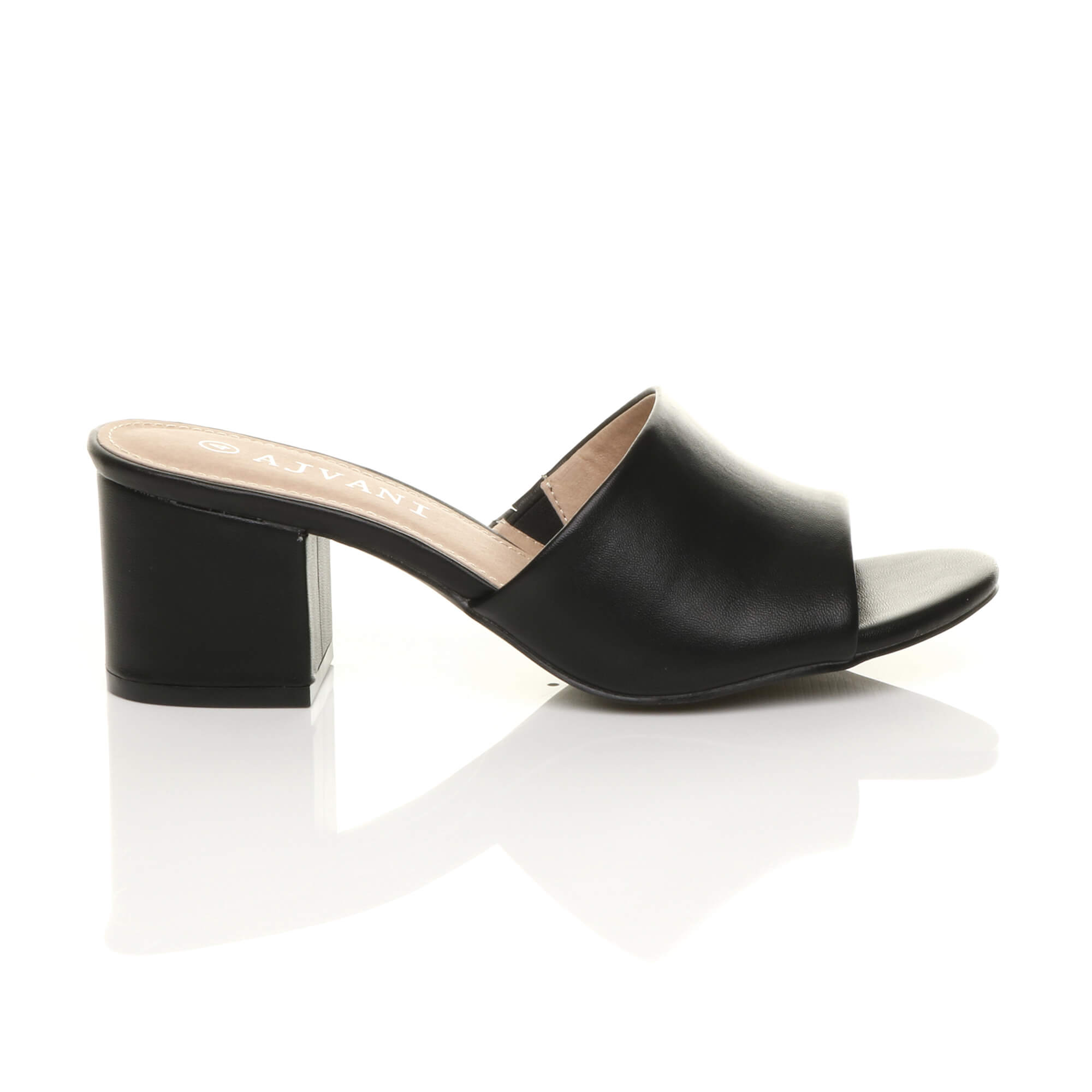 Black Mid Block Heel Peep Toe Mules Sandals, Image 2 of 6