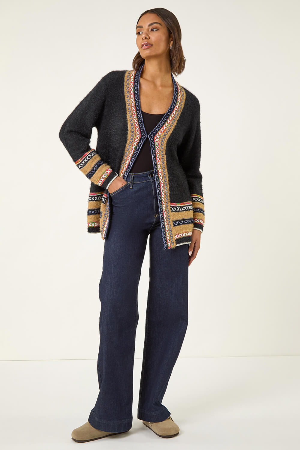 Black Cross Stitch Detail Knit Cardigan, Image 3 of 5