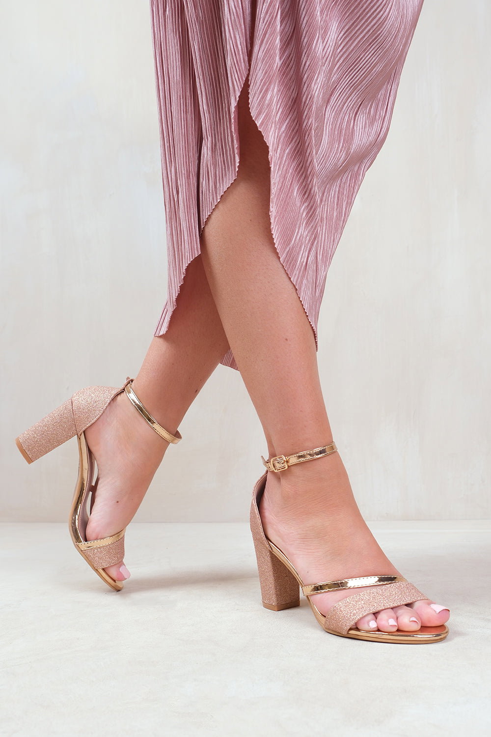 Rose Gold 'Perla' Mid High Block Heel Sandals With Ankle Strap, Image 3 of 5