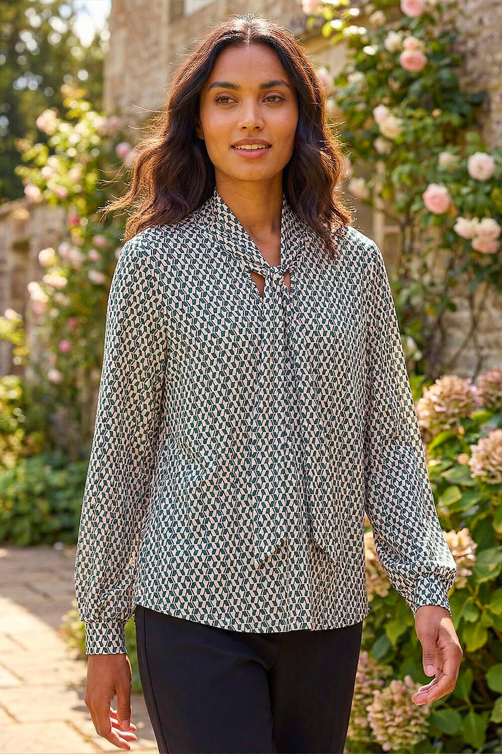 Green Geo Print Tie Front Tunic Top, Image 1 of 4