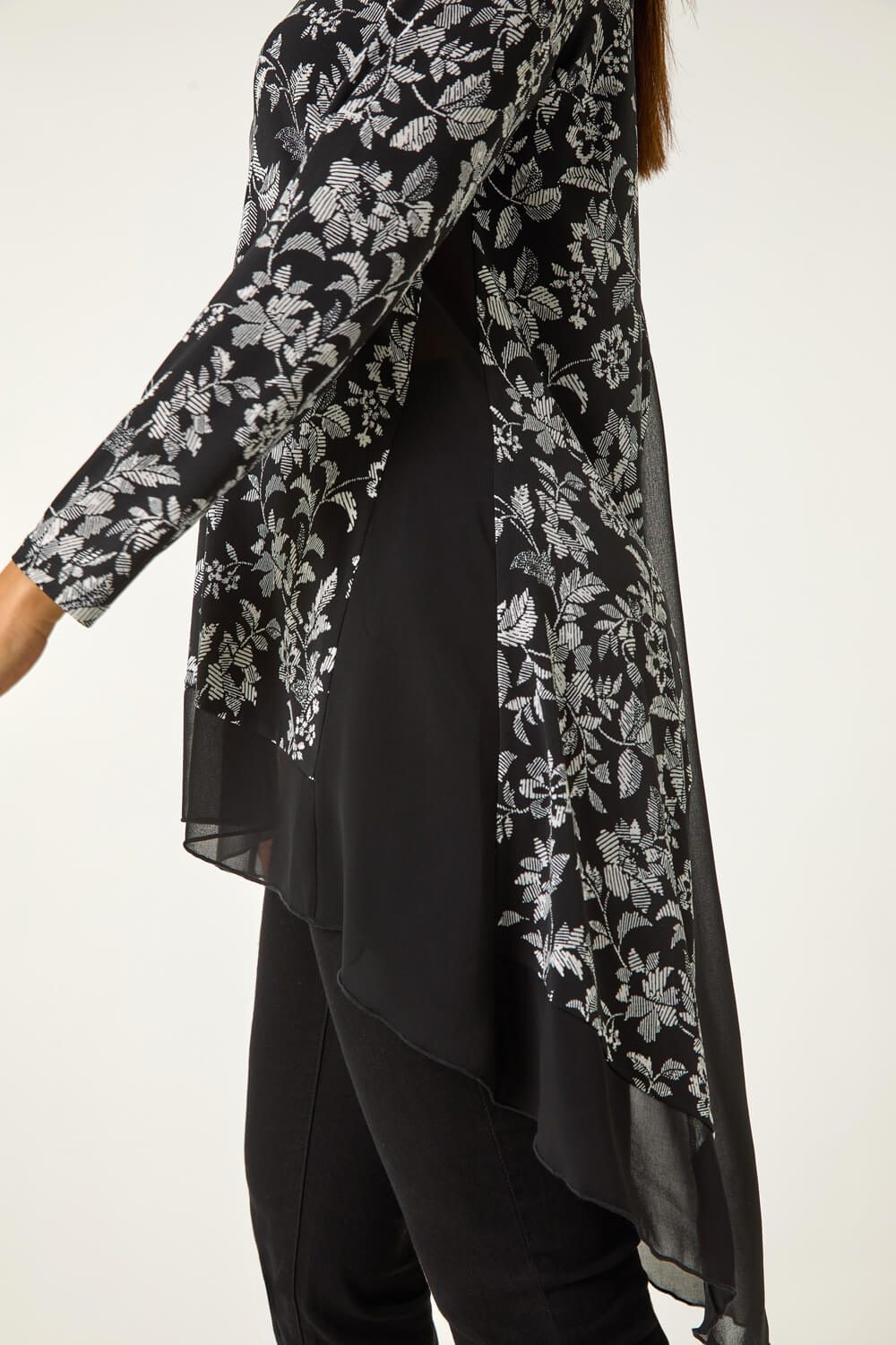 Black Floral Puff Print Chiffon Hem Top, Image 6 of 5