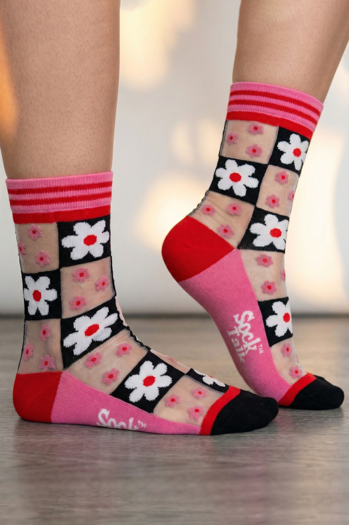 Pink Daisy Checkerboard Combed Cotton Sheer Pop Socks in Pink, Image 1 of 4