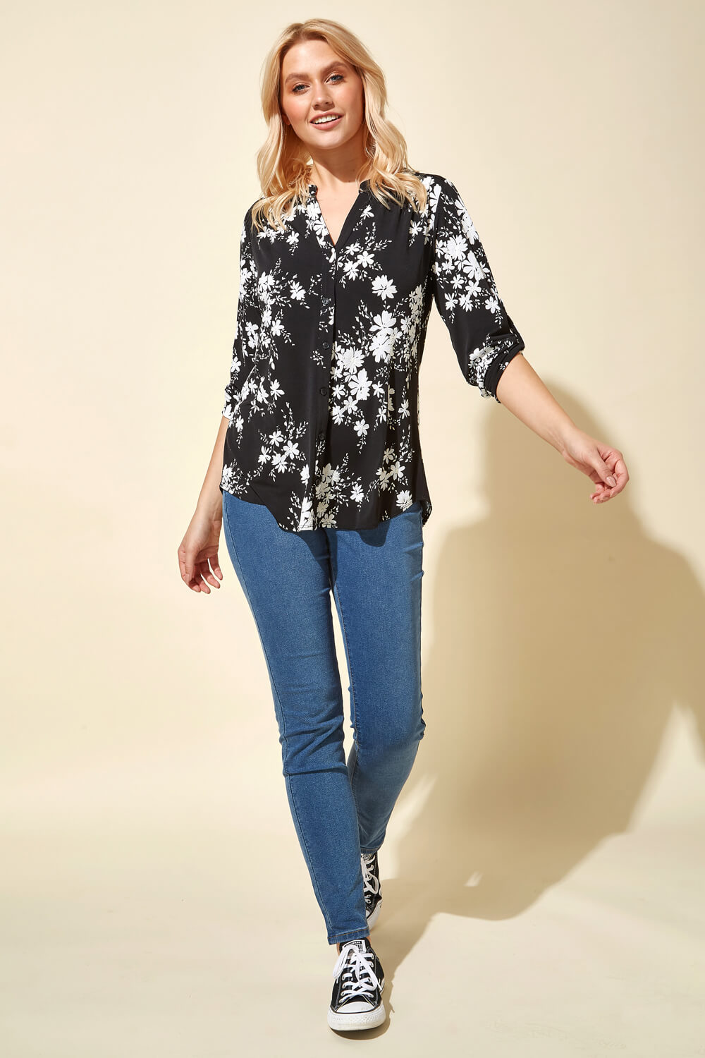 Black Floral Puff Print 3/4 Sleeve Blouse, Image 4 of 4